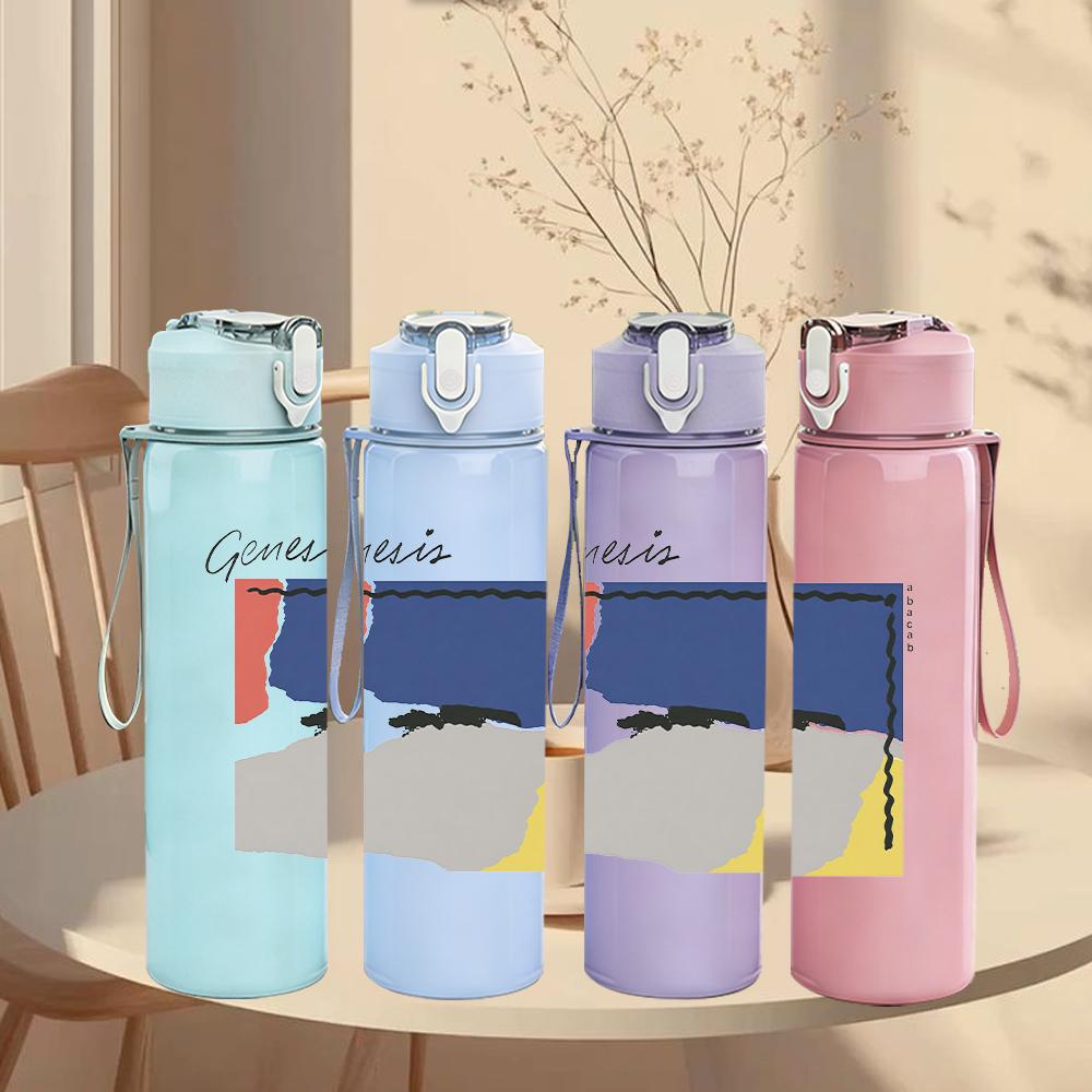 1PC Abstract color block rectangular print 750ml colorful plastic sports water bottle leakproof pop up lid with straw for outdoor work home use