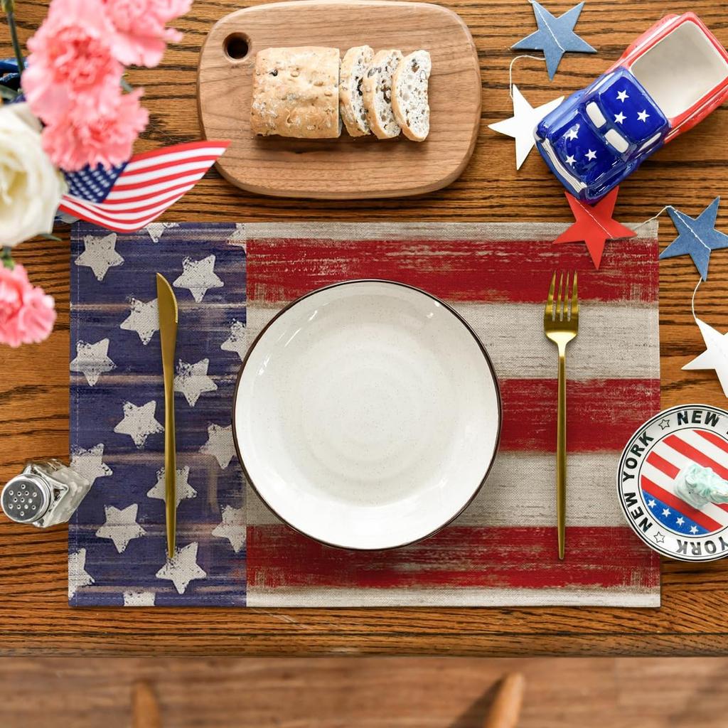 American Star and Stripes 4th of July Placemats Set of 4, 12x18 Inch Patriotic Memorial Day Table Mats for Party Kitchen Dining Decoration