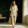 Women Two Piece Set Loose Fit Short Sleeve Shirt with Button Detail and Wide Leg Pants Casual Outfit for Everyday Wear