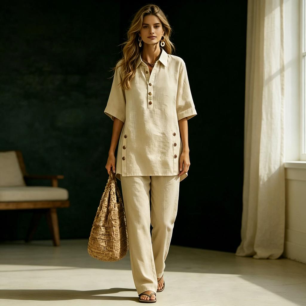 Women Two Piece Set Loose Fit Short Sleeve Shirt with Button Detail and Wide Leg Pants Casual Outfit for Everyday Wear