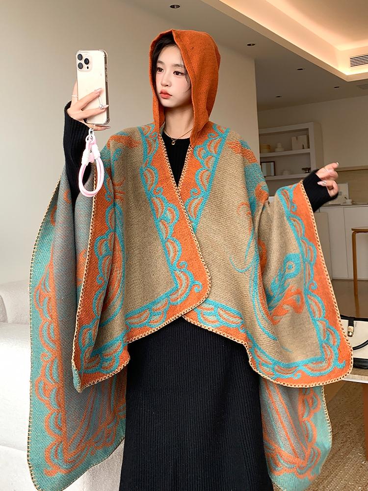 Winter Women Scarf Hooded Layers Poncho Elegant Lady Retro Print Warm Wrap Shawl Scarve Capa Para Mujer Pashmina Cloak Fashion