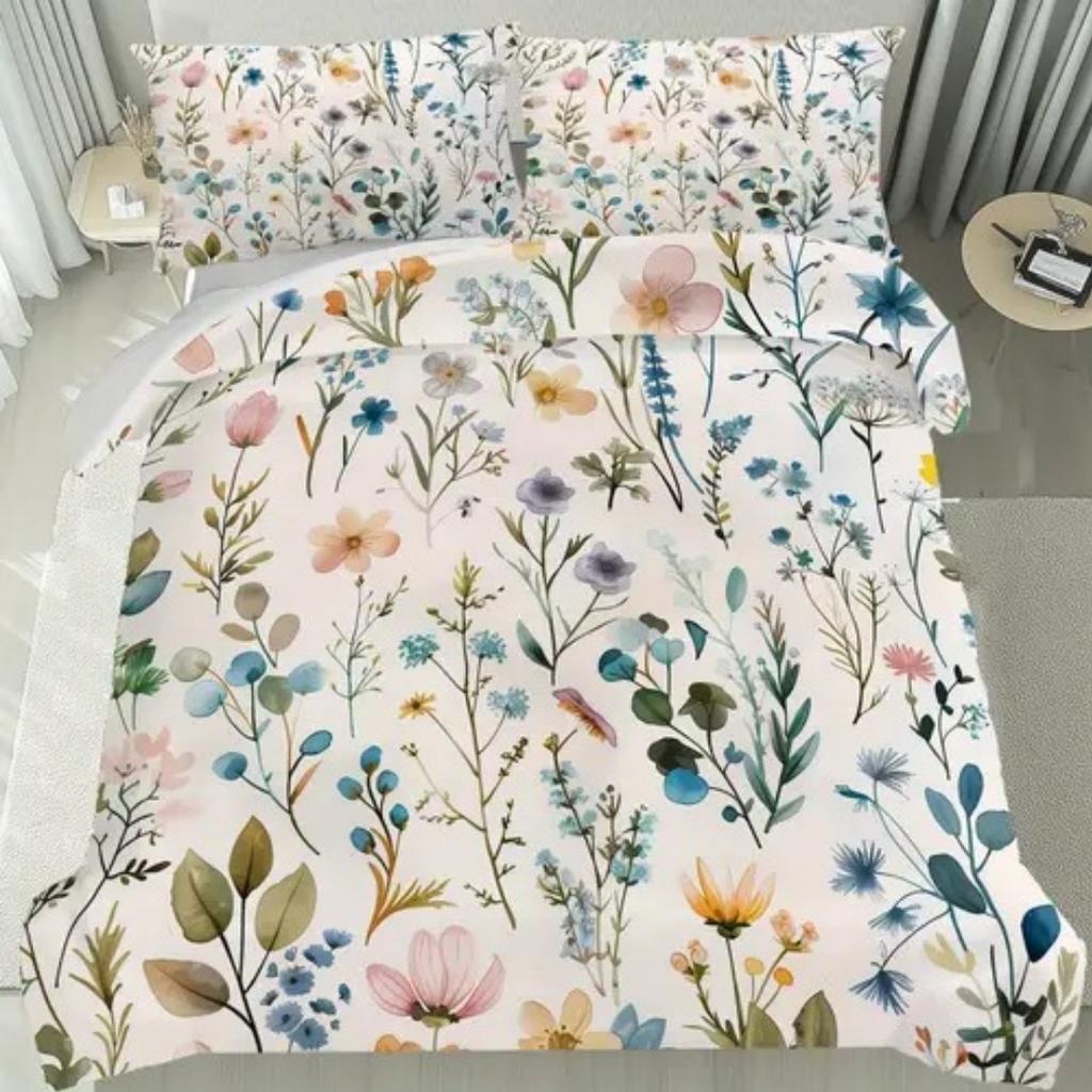 Dopamin Buntes Blumenmuster Romantischer Bettbezug Queen King Size Frühling Blumenmuster Bettwäscheset Raumdeko 3-teiliges Set Ohne Steppdecke