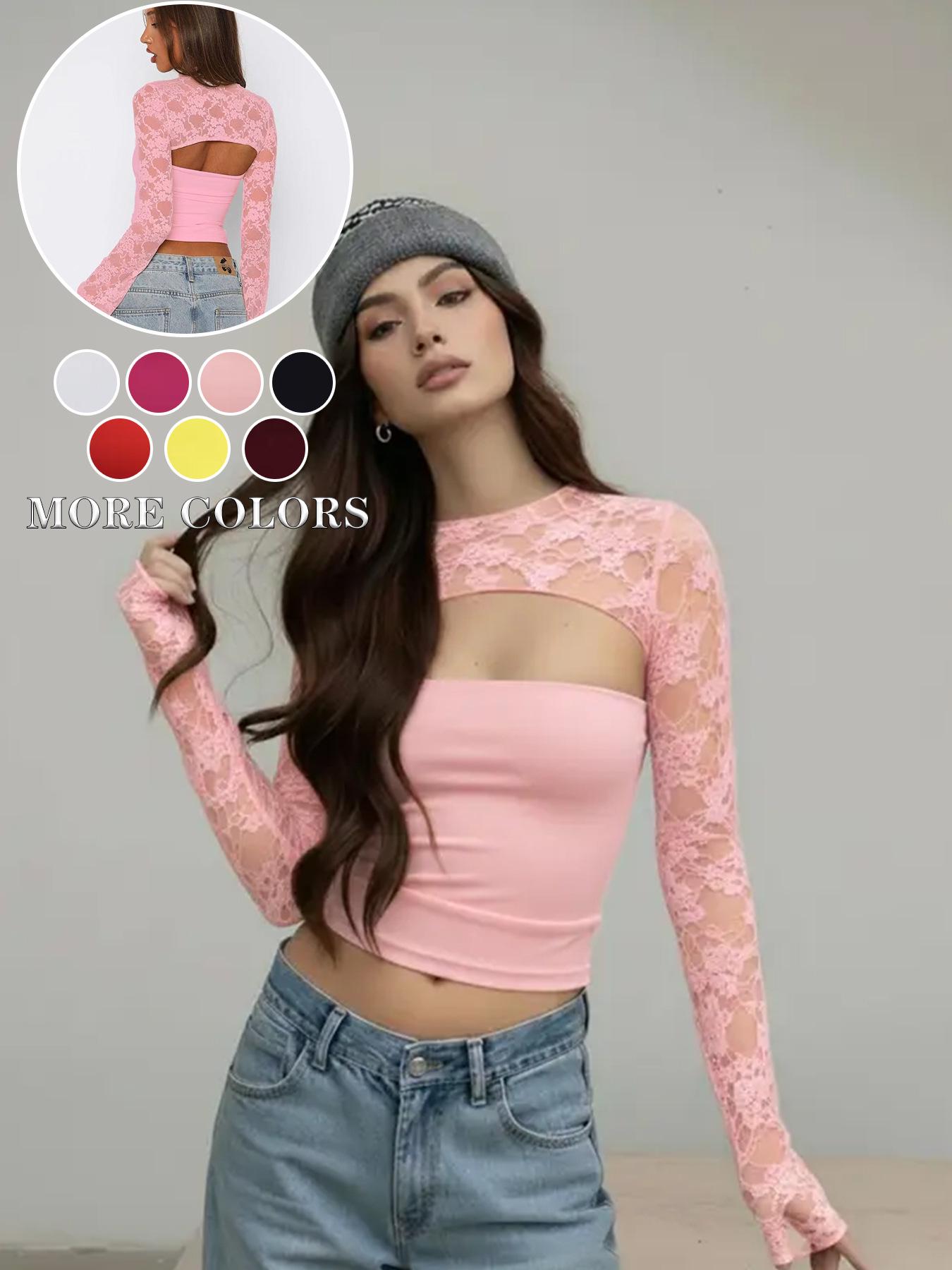 

2026 Summer Slimming Lace Long Sleeve Solid Color Top - European & American Style Extra Large рожевий