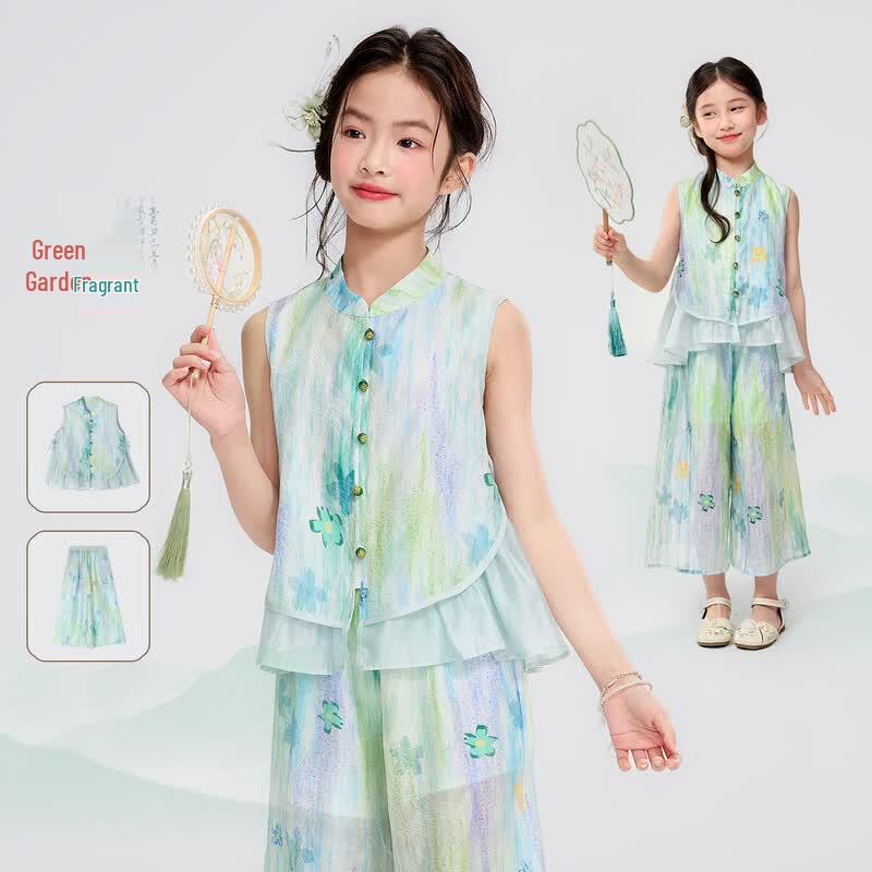 Girls  Chinese Style Ink Print Top & Wide-Leg Pants Set 120