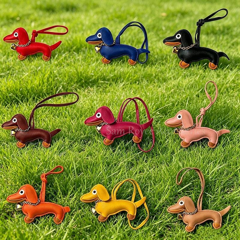 Pu Leather Stuffed Dachshund With Collar of Gold Heart Shape Pendent WIth Long Strap Puppy Pendent for Bag Charms Accessories