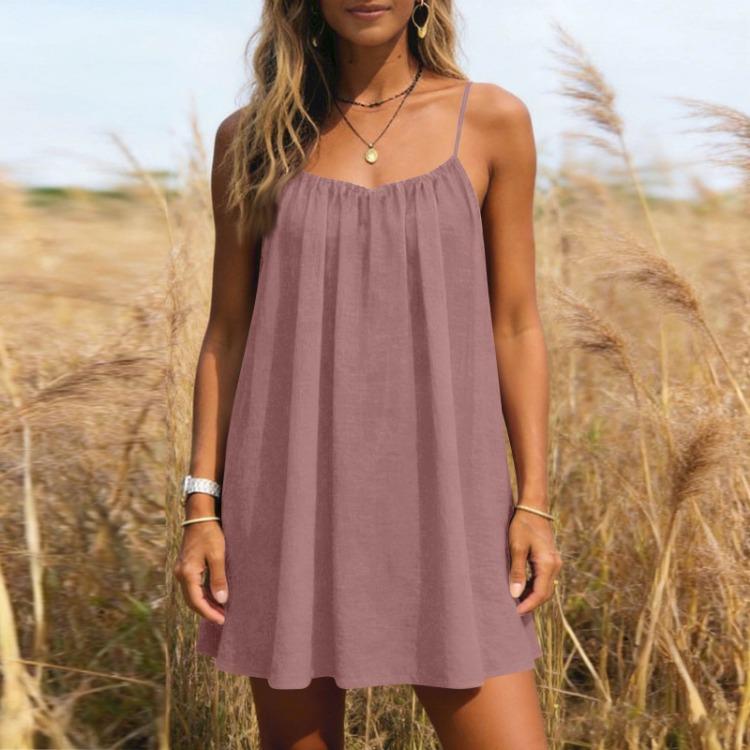 Summer Sundress Women Casual Spaghetti Strap Mini Dress Loose Fit Sleeveless Lightweight Beach Vacation Daily Wear