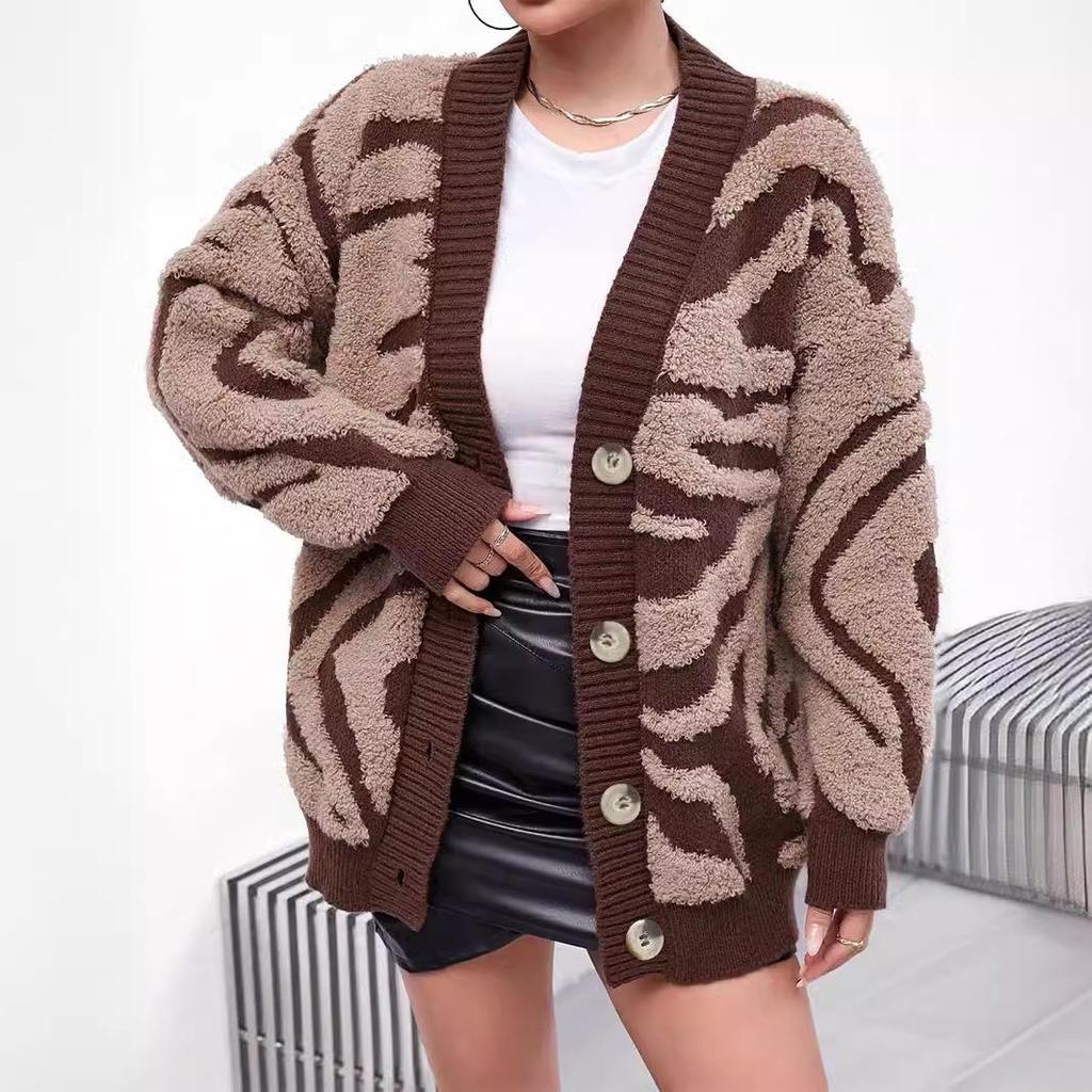Women's Jacquard Long-Sleeve Cardigan Sweater – Mid-Length Autumn/Winter Coat