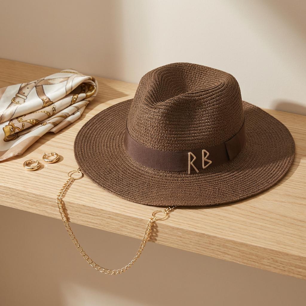 Womens Boho Straw Hat Fedora Wide Brim Beach Cap With Rb Monogram Chain Strap Summer Outdoor Hat Festival Travel Sombrero Paper