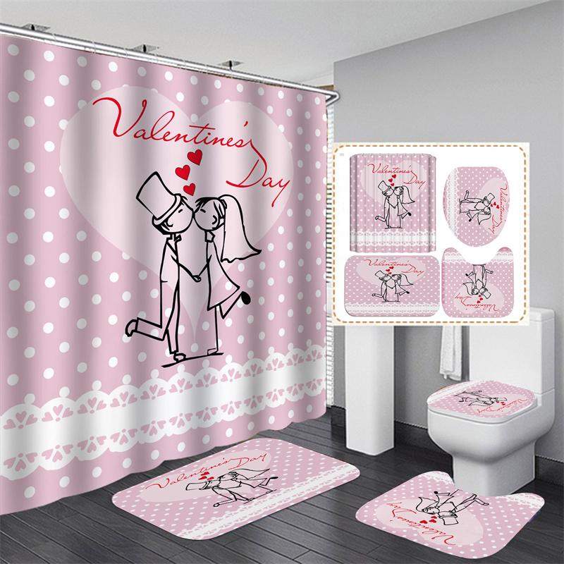 Valentine's Day Bathroom Bathing Waterproof Shower Curtain Home Entrance Doormat Bathtub 4Pcs Set Toilet Seat Cover Rugs Bath Non-Slip Floor Mat Love