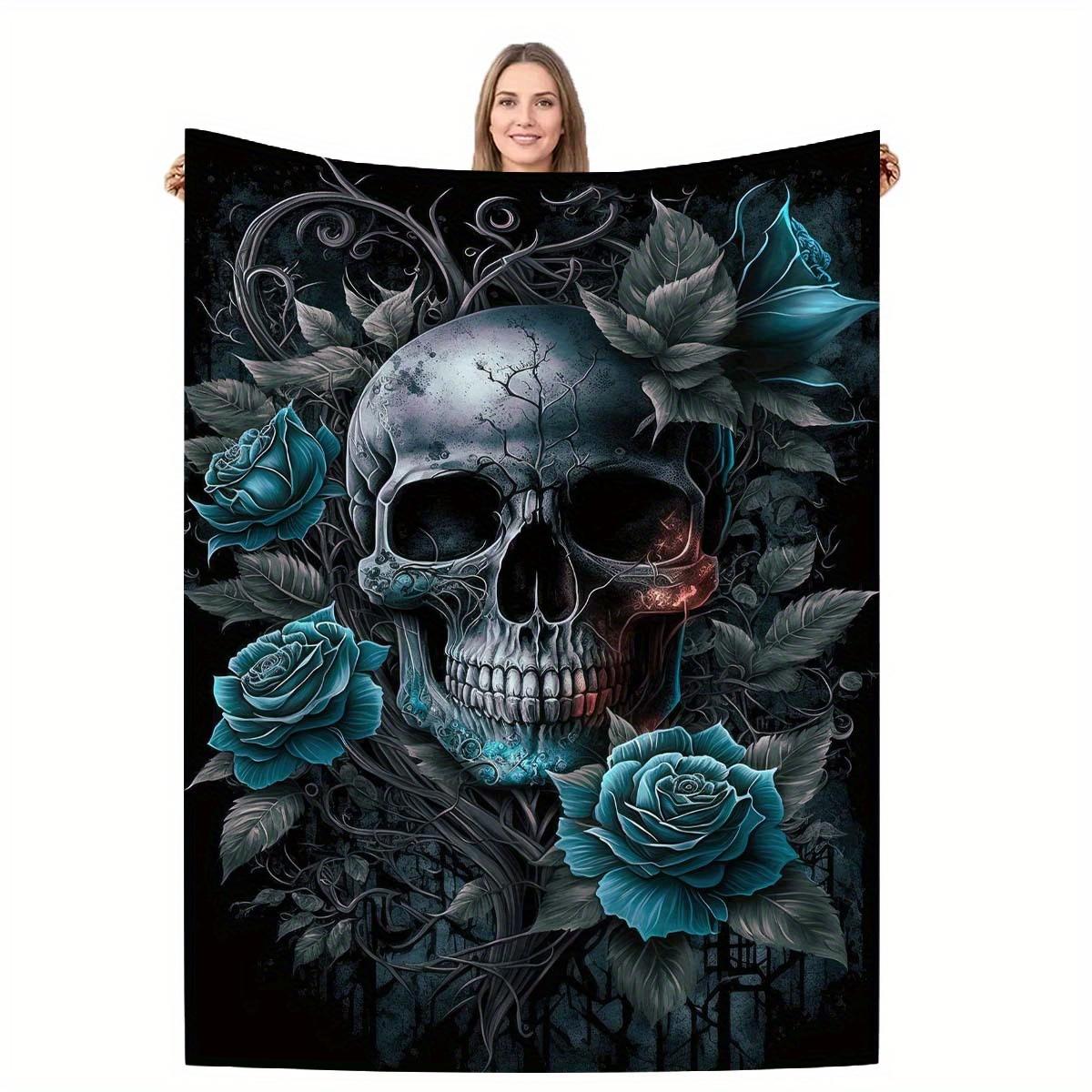 Rose & Totenkopf Flanelldecke - Premium Weiche Überwurfdecke für Sofa/Bett/Reise, Gothic Halloween Geschenk für Erwachsene, Ganzjahres-Kuschelig 100X150cm(39x59in)