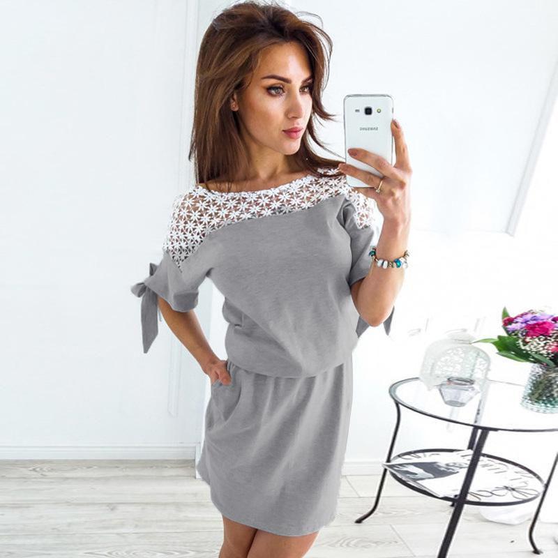 Elegant Women Vintage Dress Lace O-neck With Patchwork Hollow Out Short Sleeves