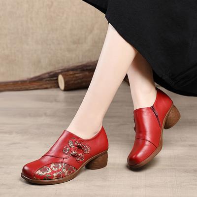 Mode Bequem Retro Floral Niedrige Absätze Klassische Pumps Damen Vintage Echte Lederschuhe Damen Handgefertigt Böhmische Pumps Schuhe Schwarze Absätze