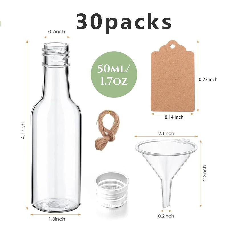 30pcs Mini Liquor Bottles Plastic Spirit Bottles with Silver/ Gold Caps Alcohol Shot Cups with Funnels Kraft Tags Rope for Party