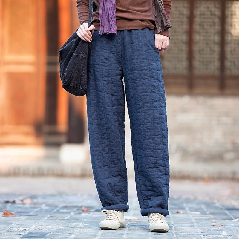 Johnature Women Vintage Warm Straight Pants Plus Cotton Winter Linen Trouser Elastic Waist Solid Color Women Soft Pants