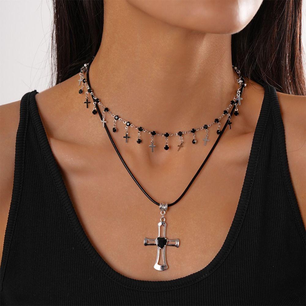 Gothic Cross Pendant Choker Necklace Heart Double Layer Necklace Rhinestone Necklace  Girls