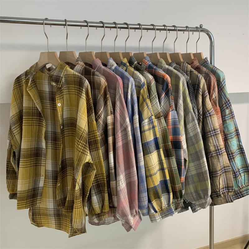 Women Summer Long Loose Shirt Falling Shoulder Long Sleeve Lapel Plaid Shirt
