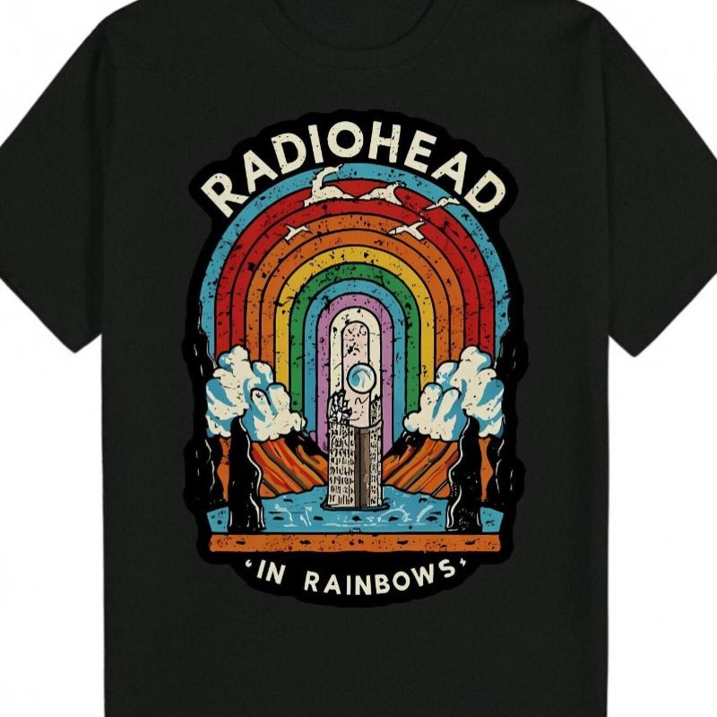 Pánské vintage tričko s motivem Radiohead "In The Rainbow" Bavlněné tričko s kulatým výstřihem a krátkým rukávem Ležérní letní pánský pohodlný top