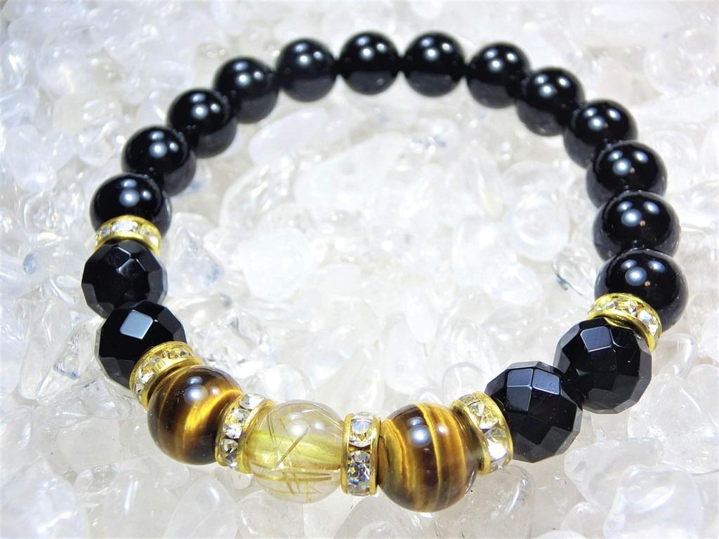 Kanaishi Luck x Money Gold Rutilated Quartz Eye Power Stone Bracelet for Women Stone AAA Purification Set with Pebbles and 16cm [Wealth Luck] Tiger's