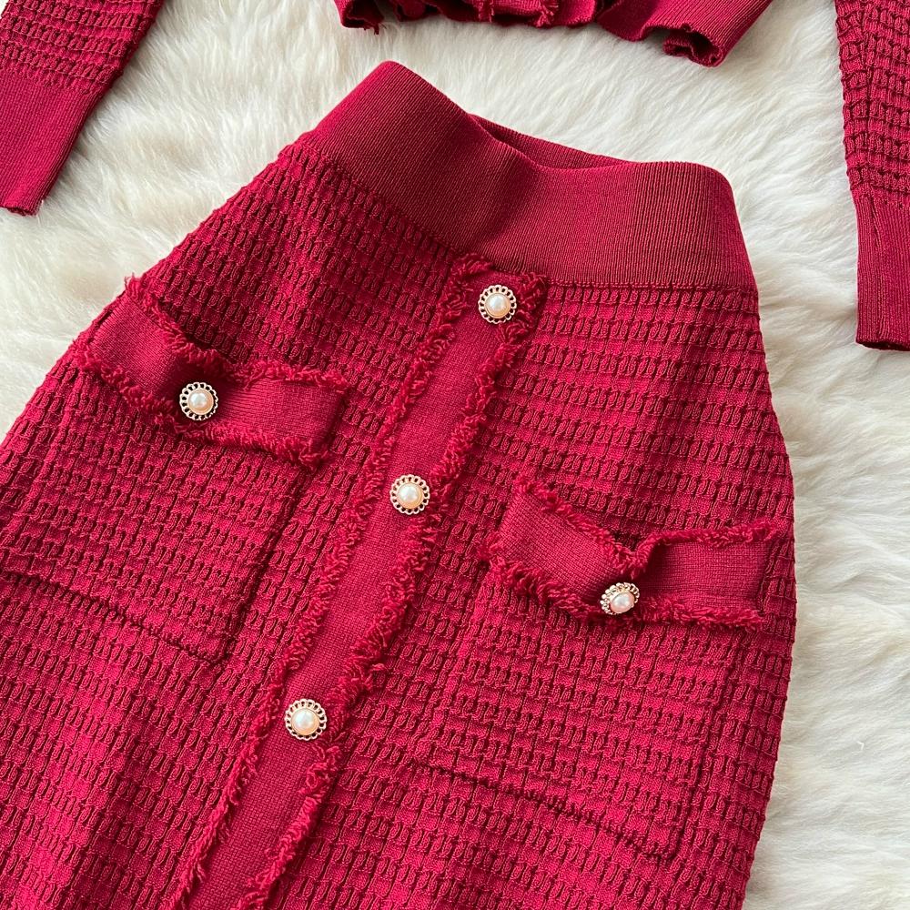Herbst Winter Damen Strickpullover Zweiteiliges Set Langarm V-Ausschnitt Strickjacken Mantel und Langer Midi A-Linien Rock Outfits