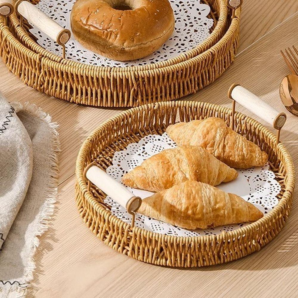 Handmade Round Rattan Storage Tray Plastic Bread Fruit Storage Tray Wicker Storage Baskets  Office