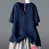 Women's Summer Plus Size T-shirts Loose Cotton Linen Short Sleeve V-Neck White Tops