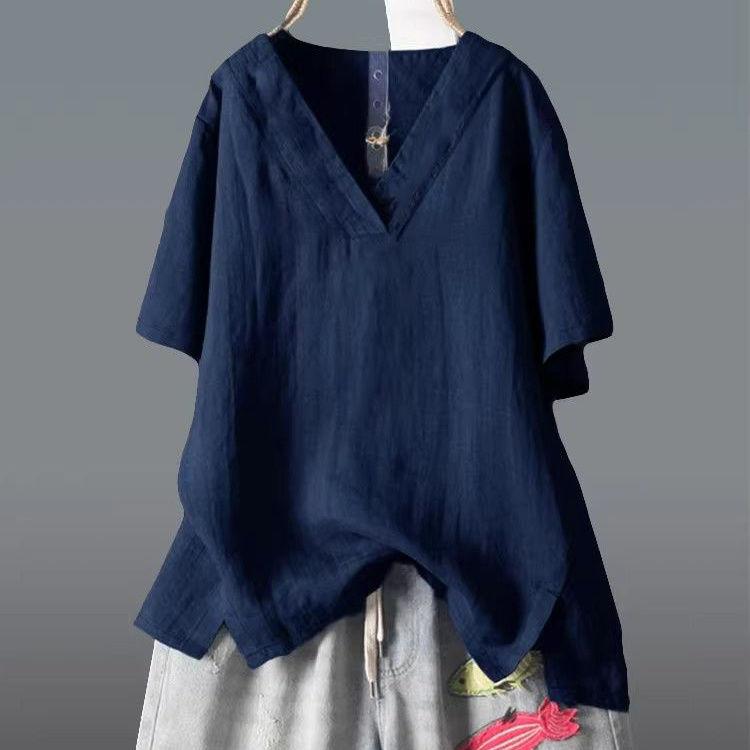 Women's Summer Plus Size T-shirts Loose Cotton Linen Short Sleeve V-Neck White Tops