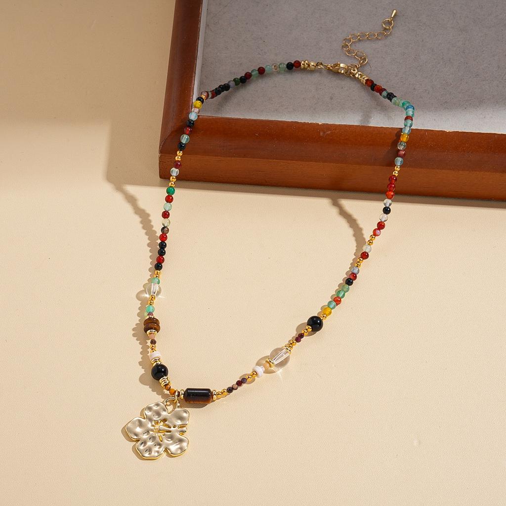 Tiger's Eye Beaded Geometric Round Flower Adjustable Necklace Ethnic Style Item Decoration
