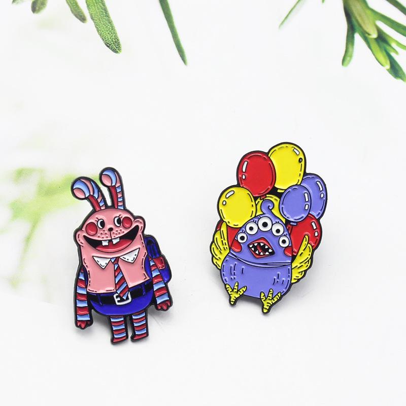 Little Rabbit Student & Mama Bird Balloon Seller Cartoon Brooch