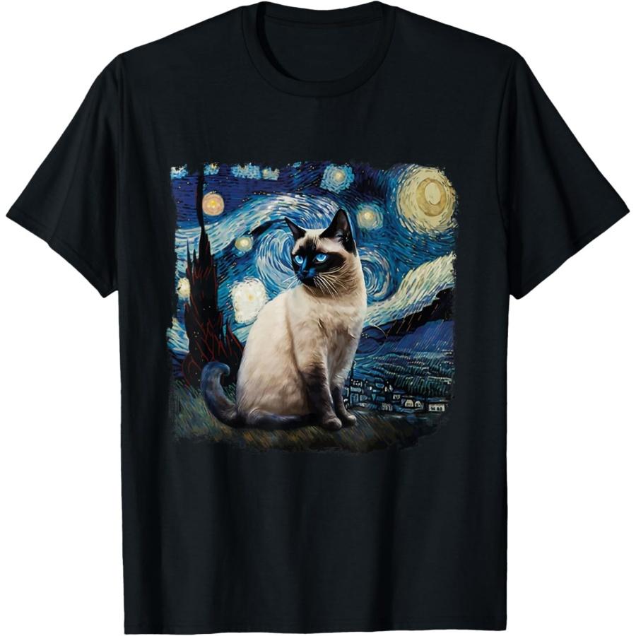 Cute Van Gogh Starry Night Cat Siamese Cat Lover Funny T-Shirt S