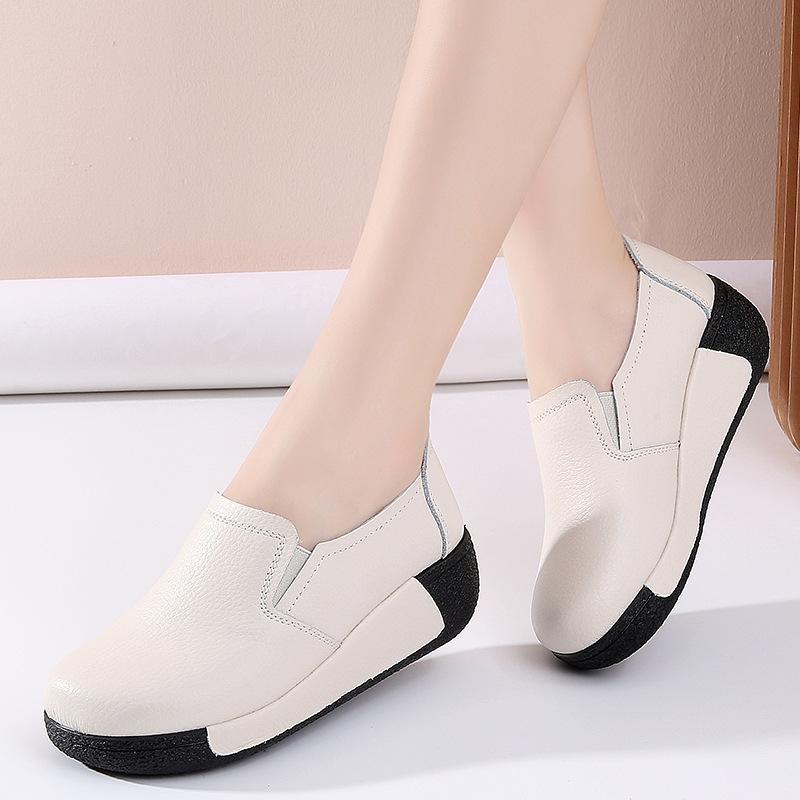 

2024 women s shoes four seasons leather surface casual retro platform single shoes JOOM lazy shoes single shoes mother shoes 35 белый