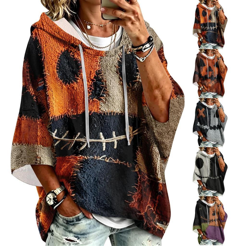 Damenmode Dreiviertelarm Halloween-Print Kapuzenpullover Top