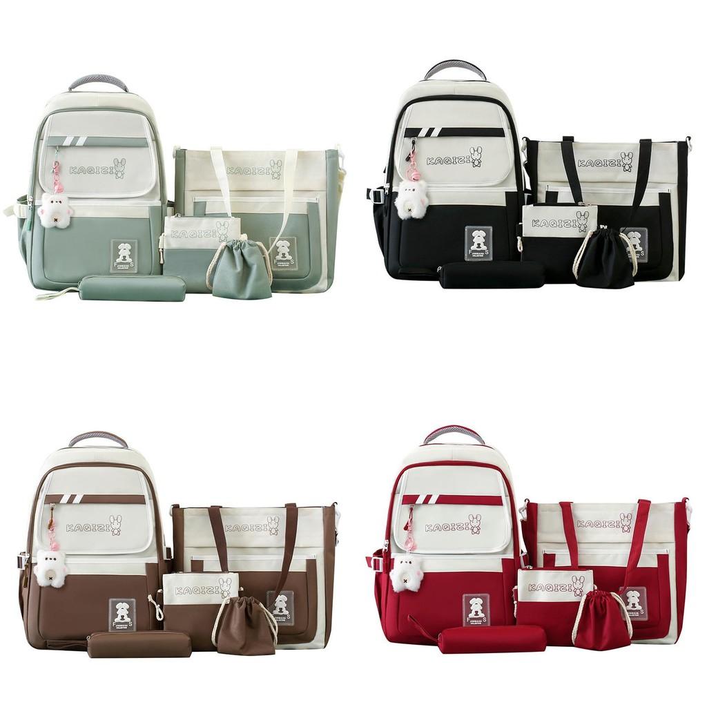 Canvas Casual Backpack Five Piece Set For Students With Rabbit Letter Pattern For School Use