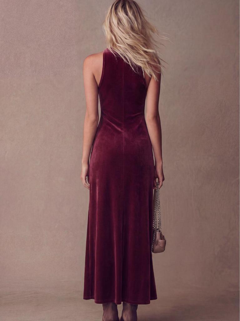 2026 Women's Solid Color Velvet High Slit Bodycon Dress - European and American Summer Fashion