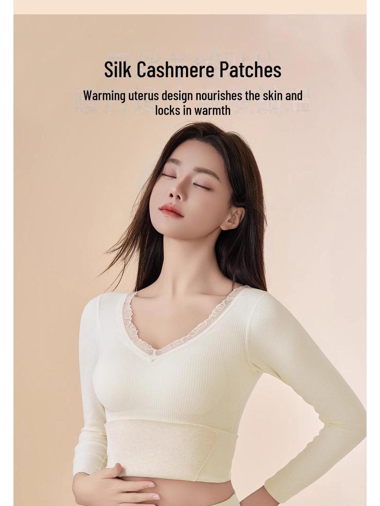 Damen Nahtlose Warme Samt Herbst Unterwäsche Hose mit Brustpolster - Kaschmirseide, Verdickt für Zusätzliche Wärme