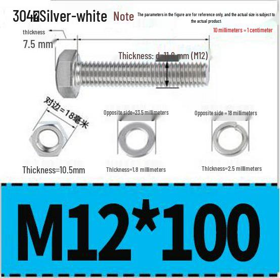 304 Stainless Steel Hex Head Bolt and Nut Set M6-M14, Lengths 8-100mm