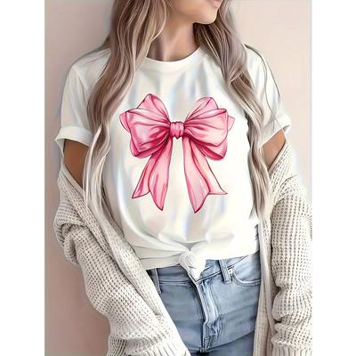 Lässiges weißes Damen-T-Shirt in europäischer Größe mit rosa Schleife – weiches, atmungsaktives, leichtes Kurzarm-T-Shirt mit Rundhalsausschnitt und lockerer Passform für Frühling und Sommer