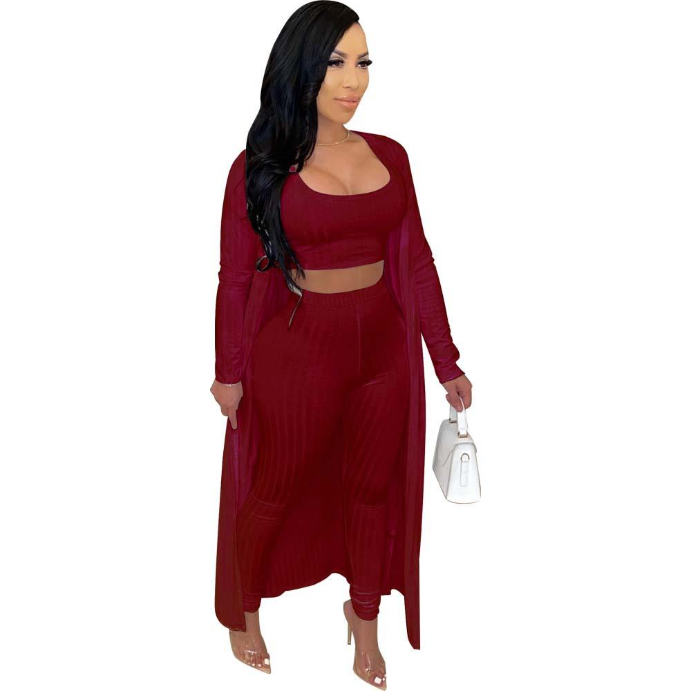 Women Fashion Leisure Knitted 3 Piece Suit ( Long Coat + Tank Top + Loose Long Pant ) Winter Fashion Clothes 3pcs Suit