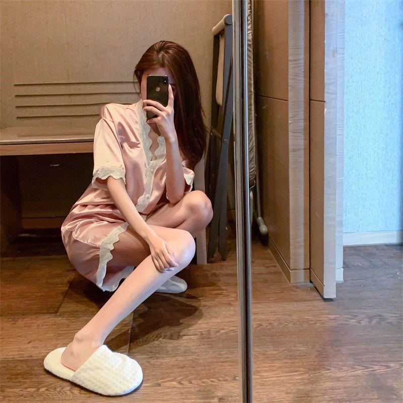 Korean Lace Collar Silky Homewear Set: Short Sleeve Top & Shorts In Solid Color for Spring/Autumn.