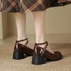 French Mary Jane women's shoes retro suede light mouth high heels spring and summer new thick heel round head cross strap single shoes women