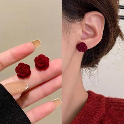 S925 Silver High-End Flocking Flower Earrings Atmospheric Light Luxury Fashion Stud Earrings Temperament Retro Versatile Niche Earrings