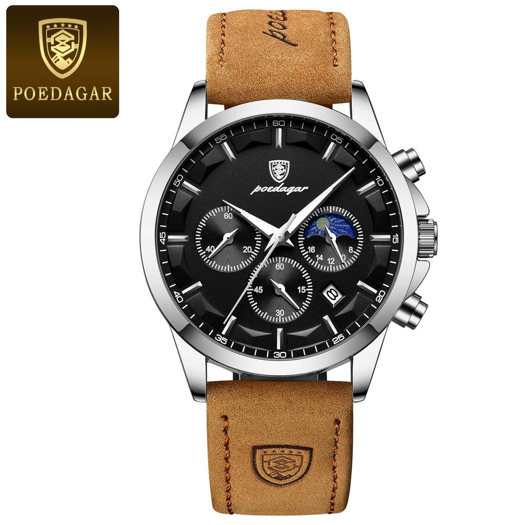 POEDAGAR Luxury Man Wristwatch Sports Leather Quartz Watch Waterproof Luminous Calendar Chronograph Watches Male Clock
