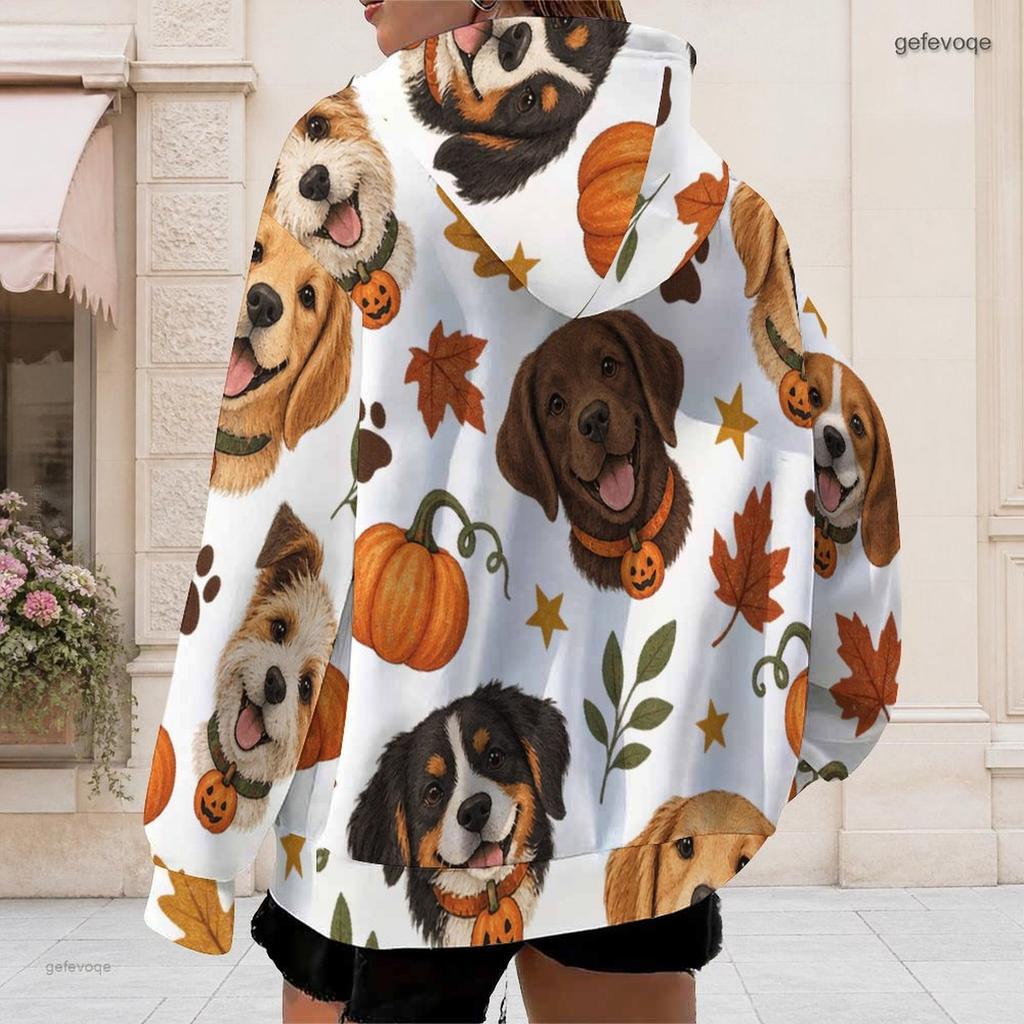 Women Plus Size White Zip Up Long Sleeve Hoodie Drawstring Hood Printed Puppy Pumpkin Fall Leaf Pattern With Pockets