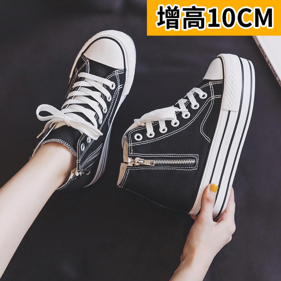 Internal Increase 10CM Canvas Shoes For Women  Autumn New  Zipper Casual Skateboard Shoes Korean All-match Platform Sneaker