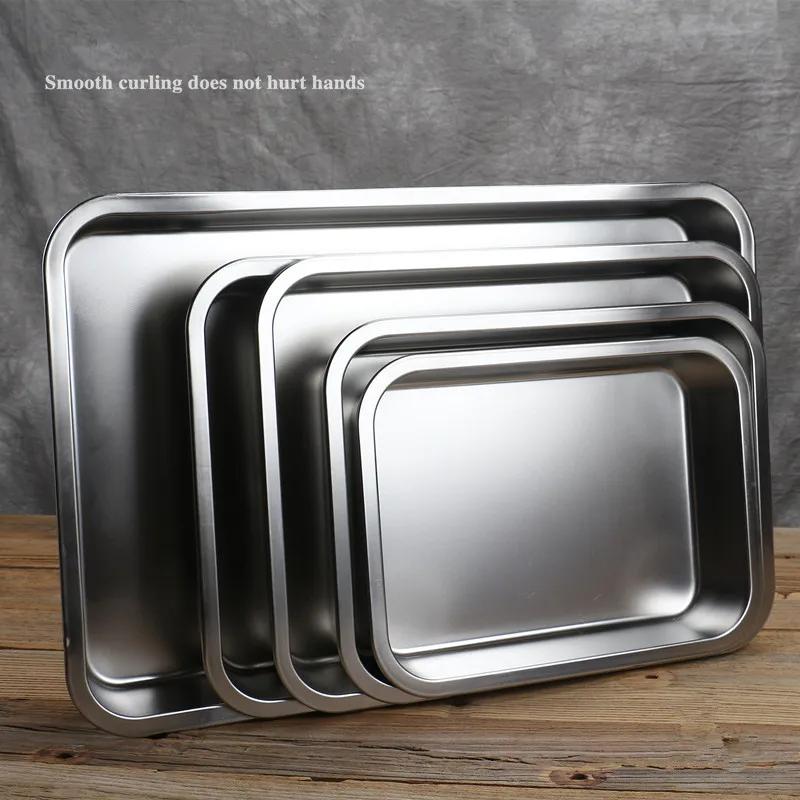304 Stainless Steel Flat Bottom Rectangle Square Basin with Covered Dish Buffet Plate Food Basin Grilled Plate Bbq Storage Tray