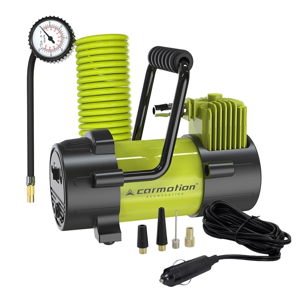 Kompresor powietrza tłokowy 12V, 10 BAR, wąż spiralny 400 cm z analogowym ciśnieniomierzem, 4 adaptery