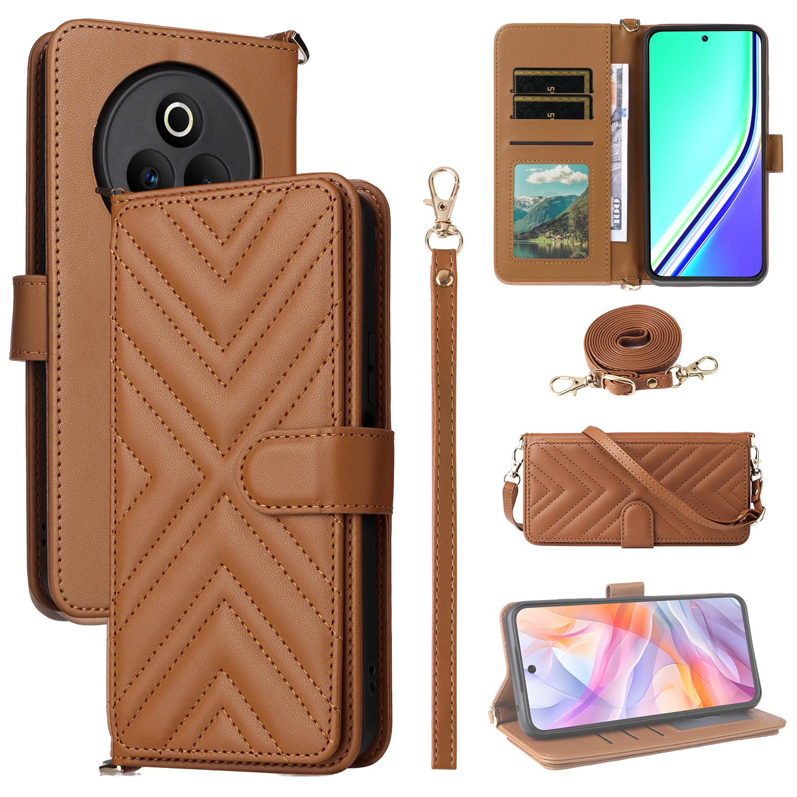 

For Realme P3 Pro 5G Wallet Case with Shoulder/Wrist Strap Leather Phone Cover Stand Brown