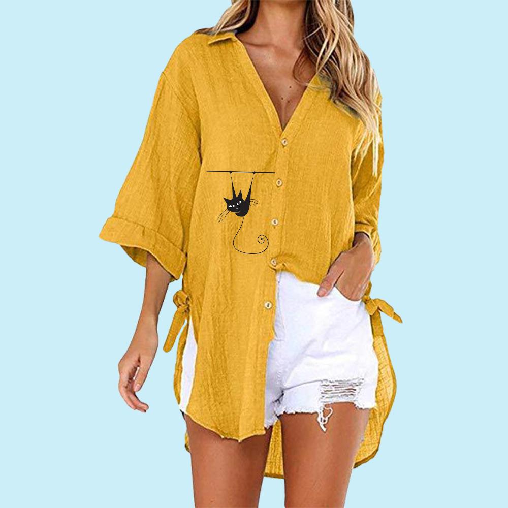 

Женская модная рубашка с принтом кошки, летняя и осенняя модная футболка с коротким рукавом на пуговицах, женская повседневная футболка с v-образным вырезом, свободные длинные блузки 5XL