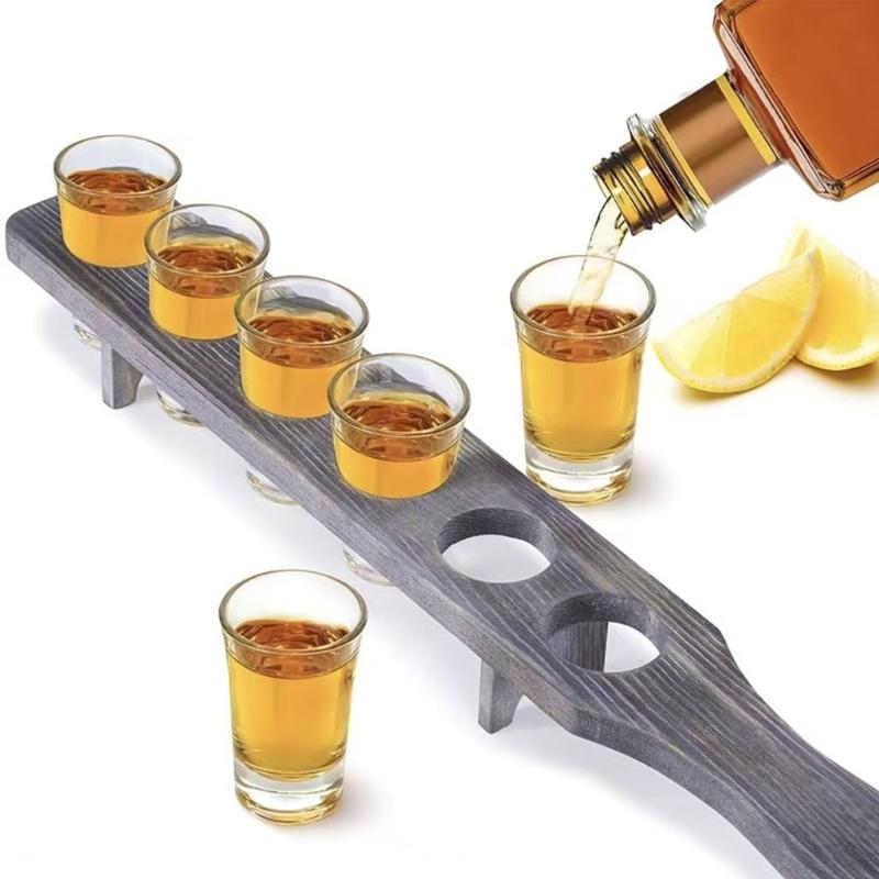 6 Holes Wooden Stand for Tequila Shot Glasses Presentation Tray Large Capacity Display Storage Solution