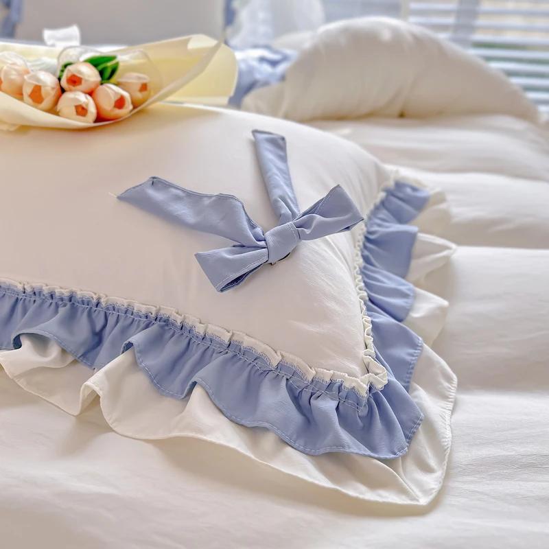 Korean Princess Style Bedding Set Girl Heart Solid Color Double Bed Sheets Washed Cotton Ruffled Bed Cover Skirt Sheet Quilt Set