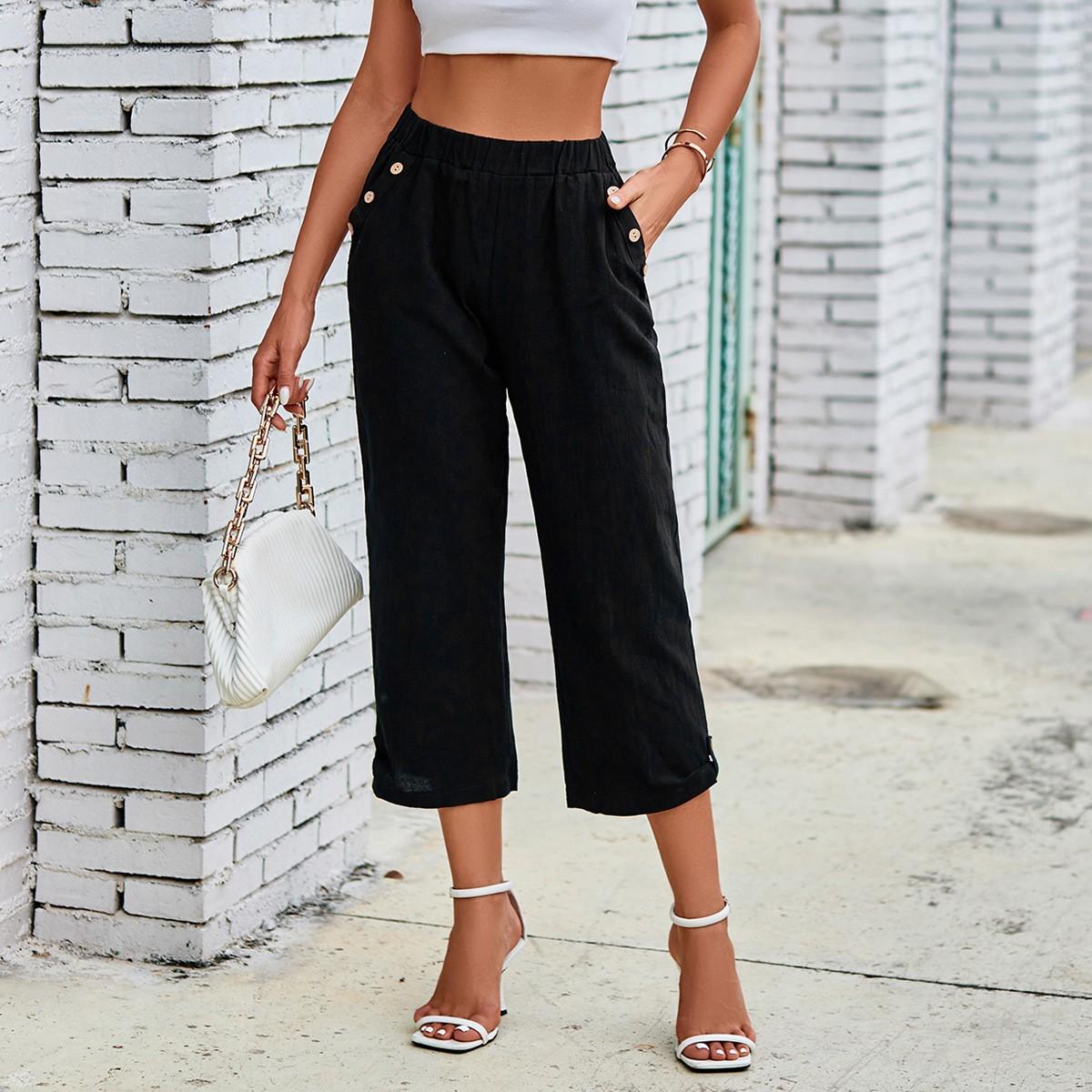 

Стильные укороченные брюки на пуговицах с карманами, повседневные брюки из хлопка и льна. L чёрный